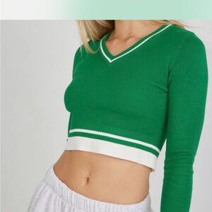 Garage Green and White V-Neck Cropped Sweater